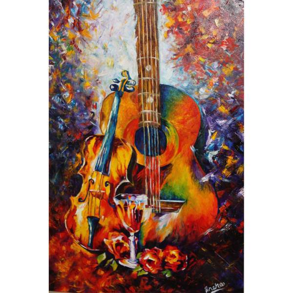 تابلو شاسی گالری هنری پیکاسو طرح گیتار و ویولون سایز 30x40 سانتی متر، Picasso Art Gallery guitar and violin Chassis Size 40x30 CM