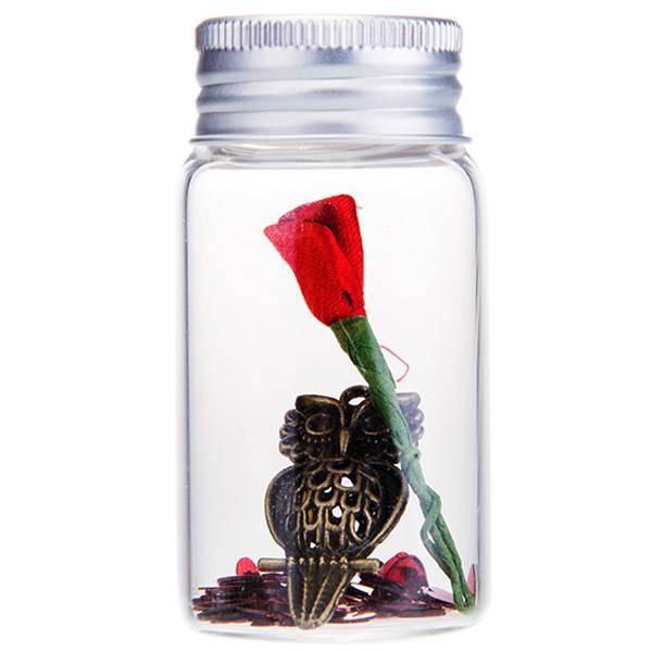 جغد فلزی طلایی با گل رز ساتن قرمز داخل شیشه کد 1411B، Golden Metal Owl With Red Satin Roses In Glass 1411B