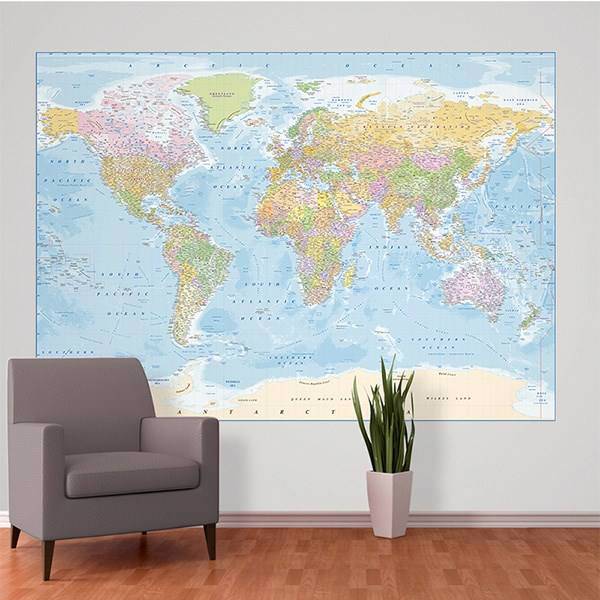 کاغذ دیواری 1وال مدل نقشه سیاسی آبی جهان، 1Wall Deco Mural Blue Map Political Wallpaper