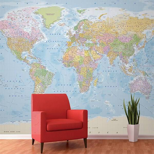 کاغذ دیواری 1وال مدل نقشه سیاسی رنگی جهان، 1Wall Giant Mural Colour Political World Map Atlas Wallpaper