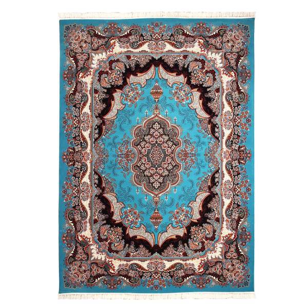 فرش ماشینی قاجار طرح اشکان کد FR35 زمینه آبی فیروزه ای