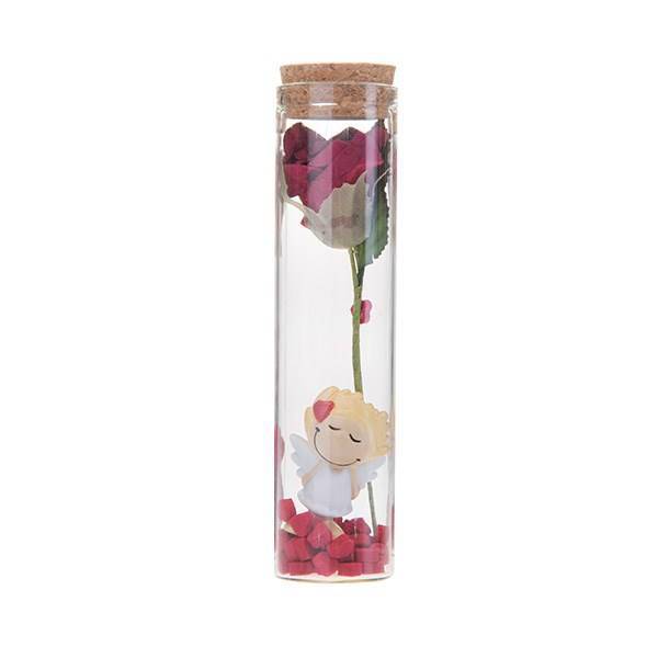 فرشته سفید مهربان داخل شیشه با قلبهای قرمز و گل رز پالیز، Paliz White Angel In Bottle With Red Hearts And Rose Flower