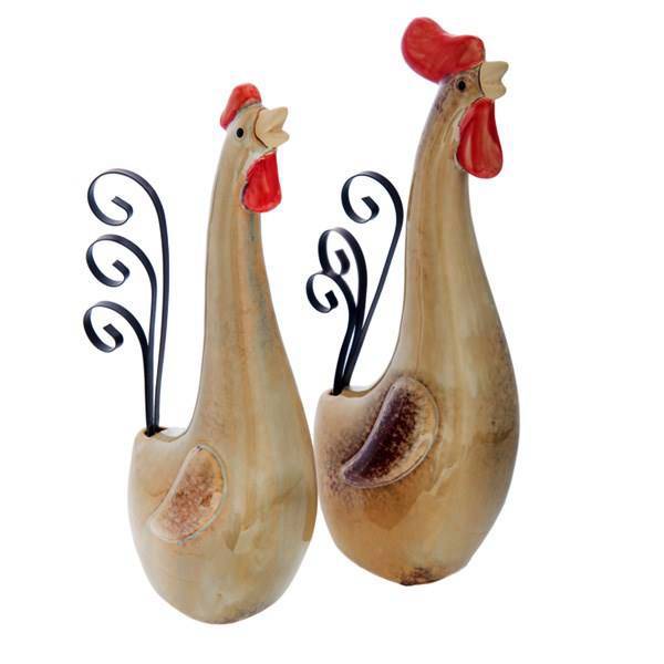 مجسمه سرامیکی مدل مرغ و خروس، Rooster And Hen Decorative Ceramic Statue