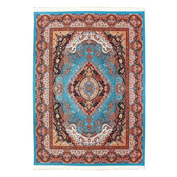 فرش ماشینی قاجار طرح سینا کد FR27 زمینه آبی فیروزه ای