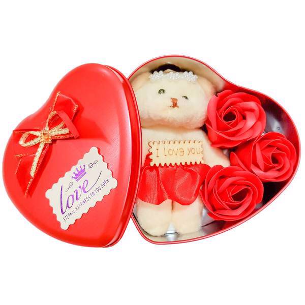 جعبه فلزی گل معطر و عروسک پاپیون مدل Love